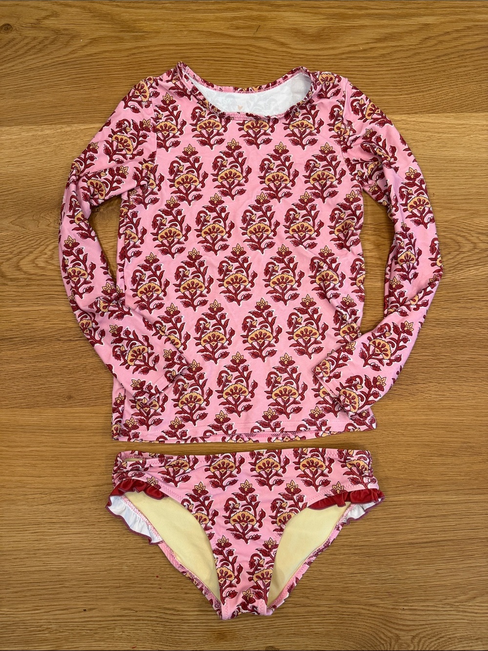 Pink Chicken Pink and Red Floral Lined Swimsuit Long Sleeve Rashguard Bikini